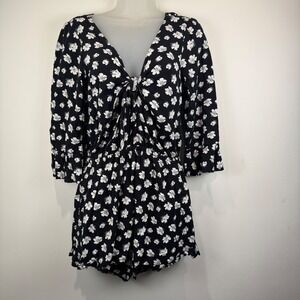 Abercrombie Fitch Womens Black Floral Print Knot Front Romper Short Sleeve Sz M
